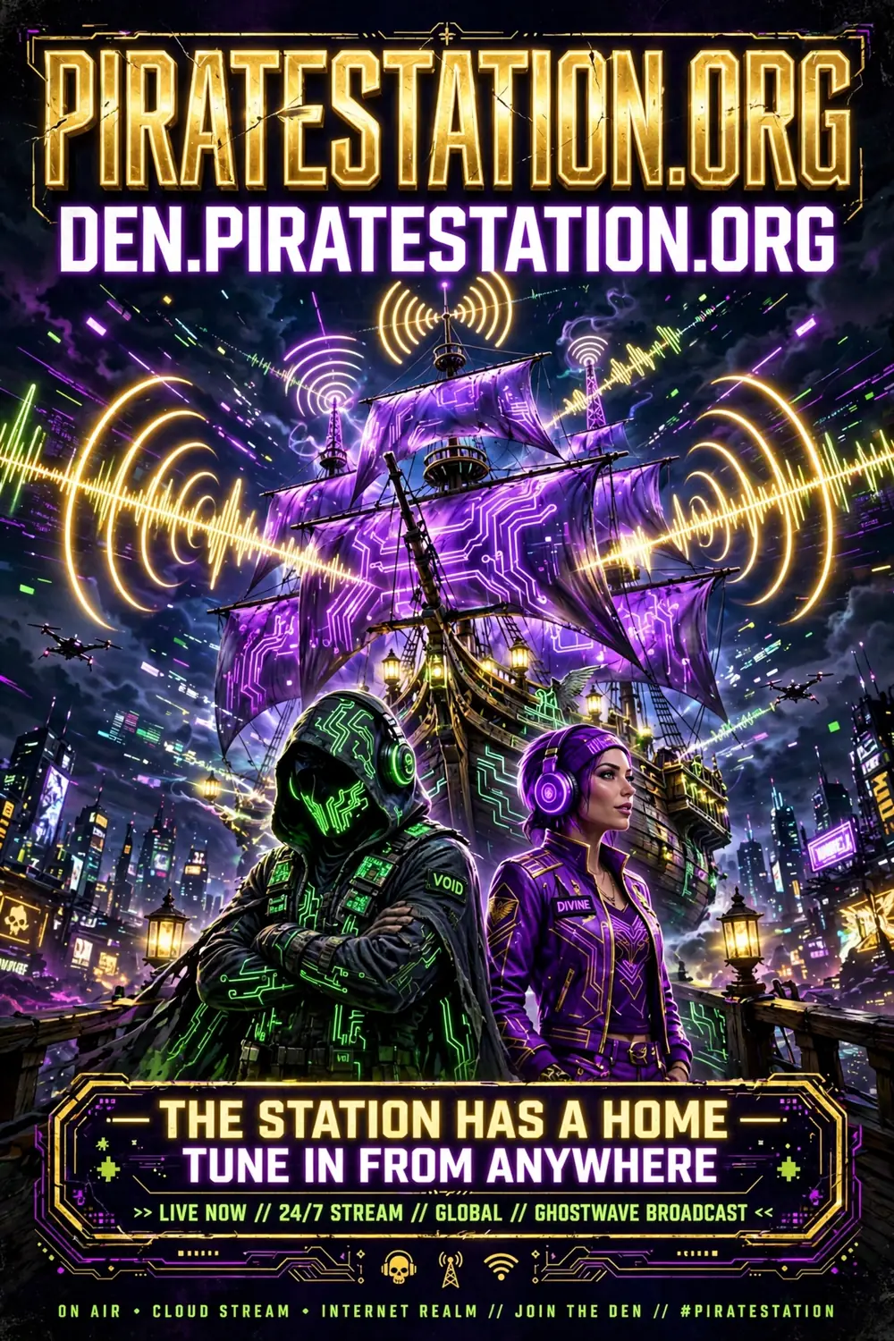 Announcement poster: the Pirate Station's ship broadcasting to the world